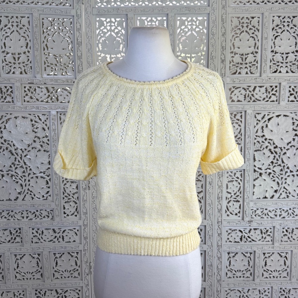 Vtg Pastel Yellow Granny Open Knit Short Sleeve Sweater Sz S/M Cottage Retro